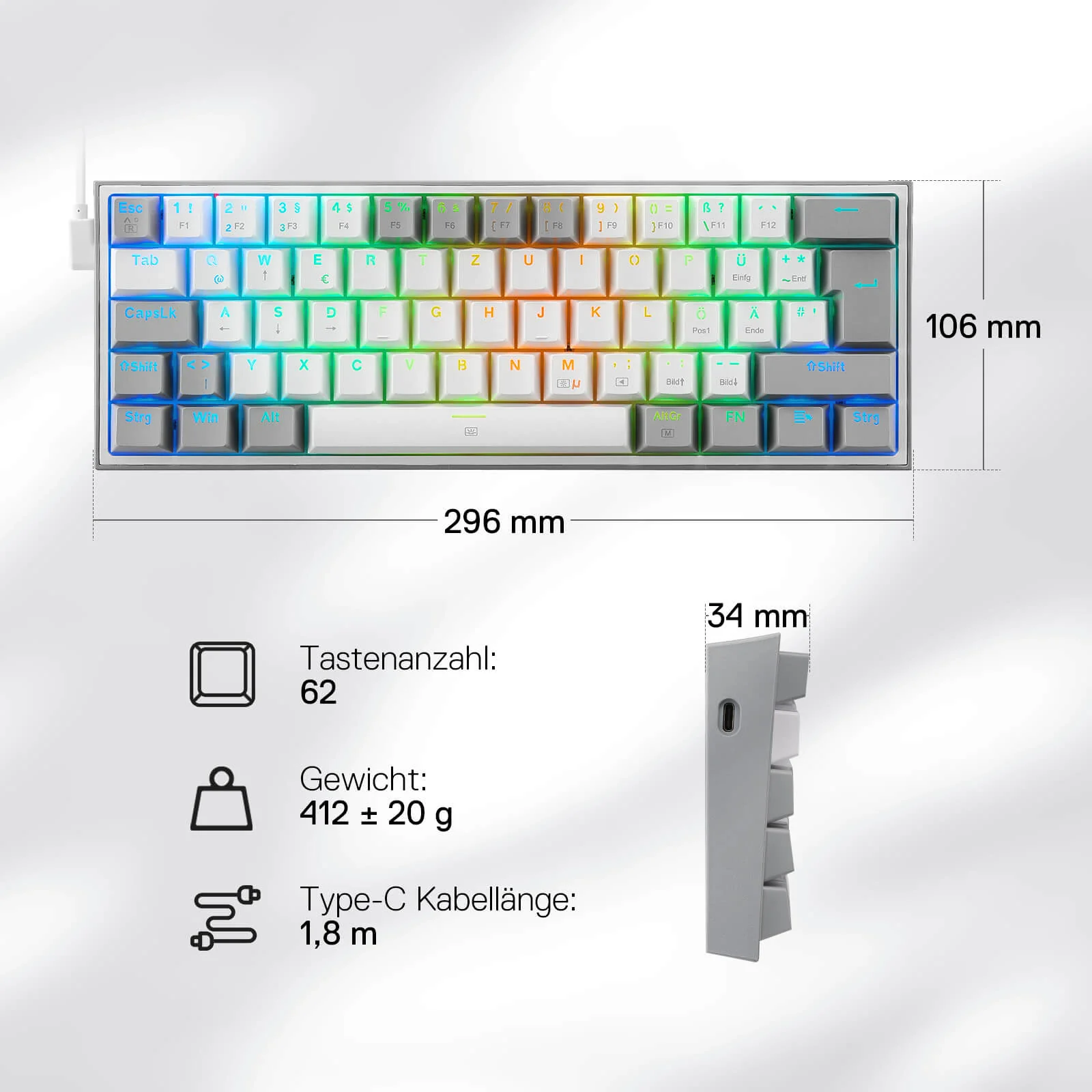 FIZZ K617DE 60% Mini mechanische Tastatur – Weiß & Grau - Image 6