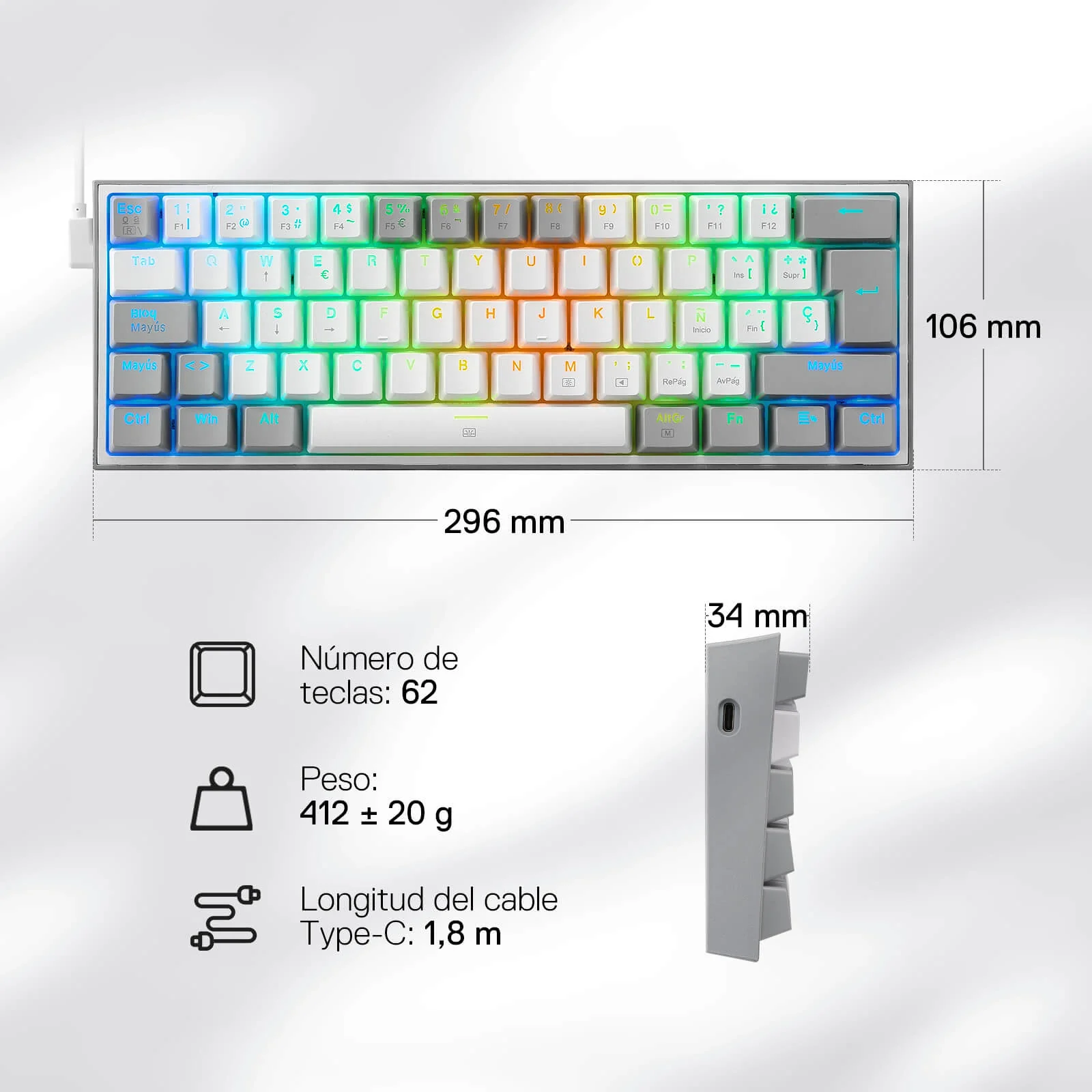 FIZZ K617ES Teclado Mecánico Mini 60% – Blanco y Gris - Image 4